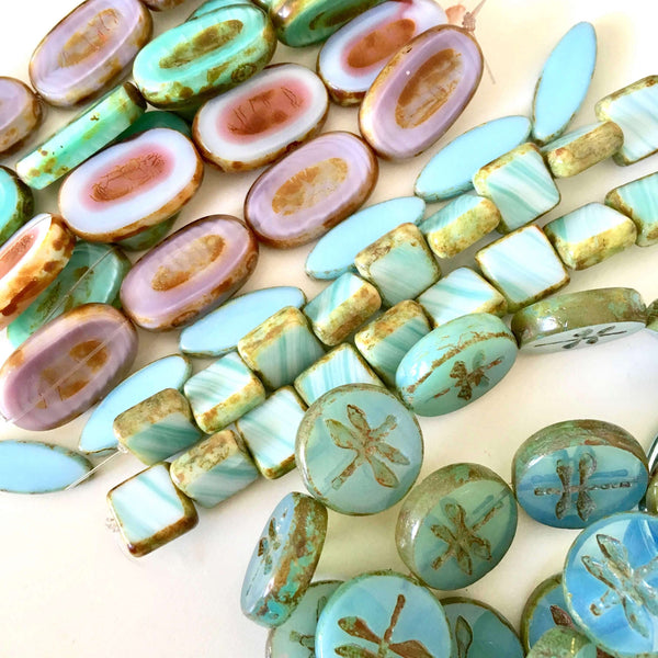 Light Blue Czech Pressed Glass Bead Mix - Assorted Sizes, Shapes and Colors