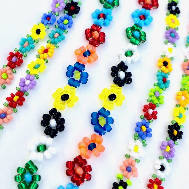 Bright multi colored daisy chain bracelet made with seed beads