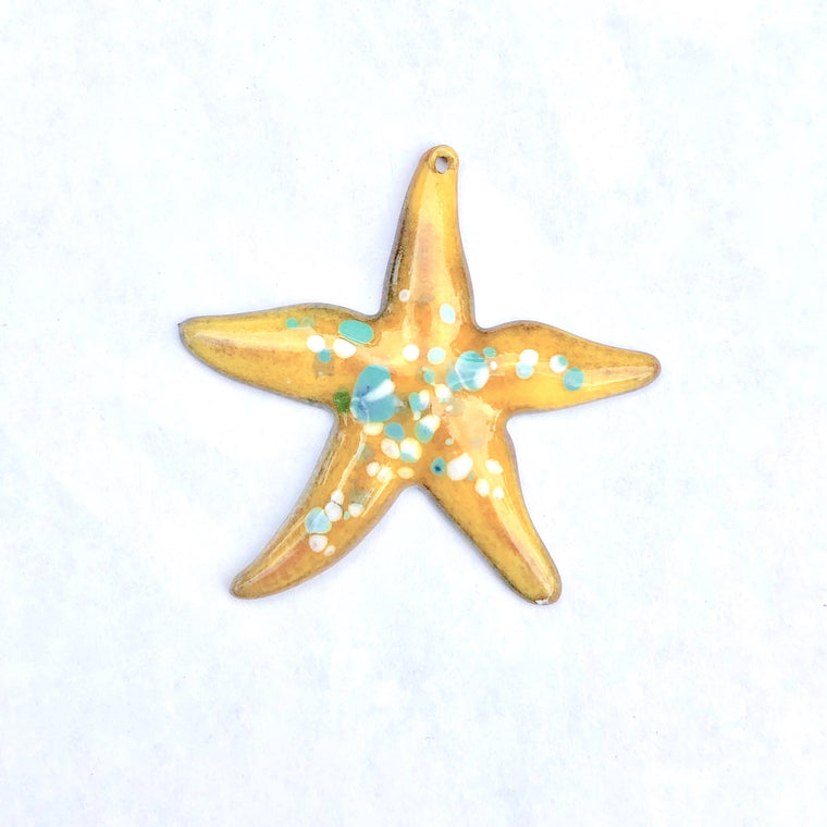 Large Starfish Torch Fired Enamel Pendant -  Yellow with Turquoise Speckles