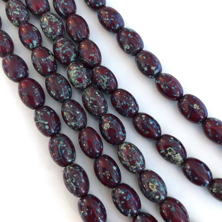 Barrel Oval Czech glass beads - Red Picasso
