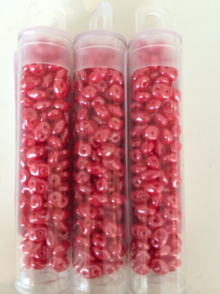 SuperDuo beads - Coral Red White Luster