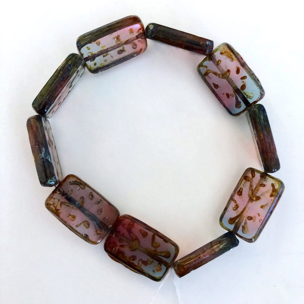 Grooved Rectangle Czech glass beads - Transparent Cranberry & Grey