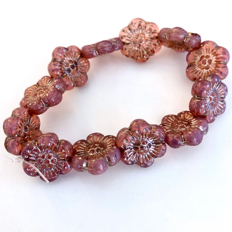 Wild Rose Czech glass beads - Pink with Silver Wash