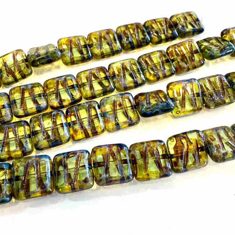 Square Table Cut Bead - Olivine with Picasso finish