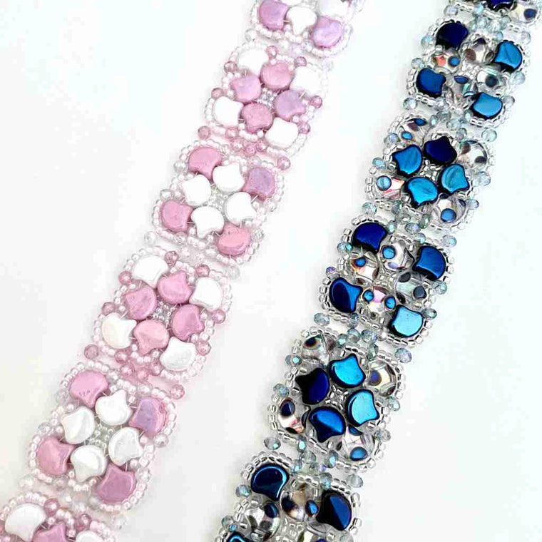 2 wide band stitched bracelets with ginko beads in pink and blue