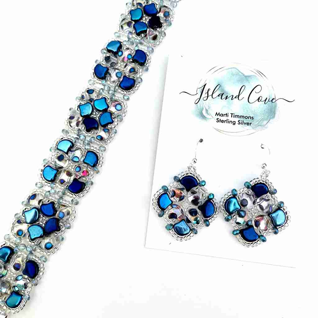 stitched wide band bracelet with matching earrings in blue and silver ginko beads