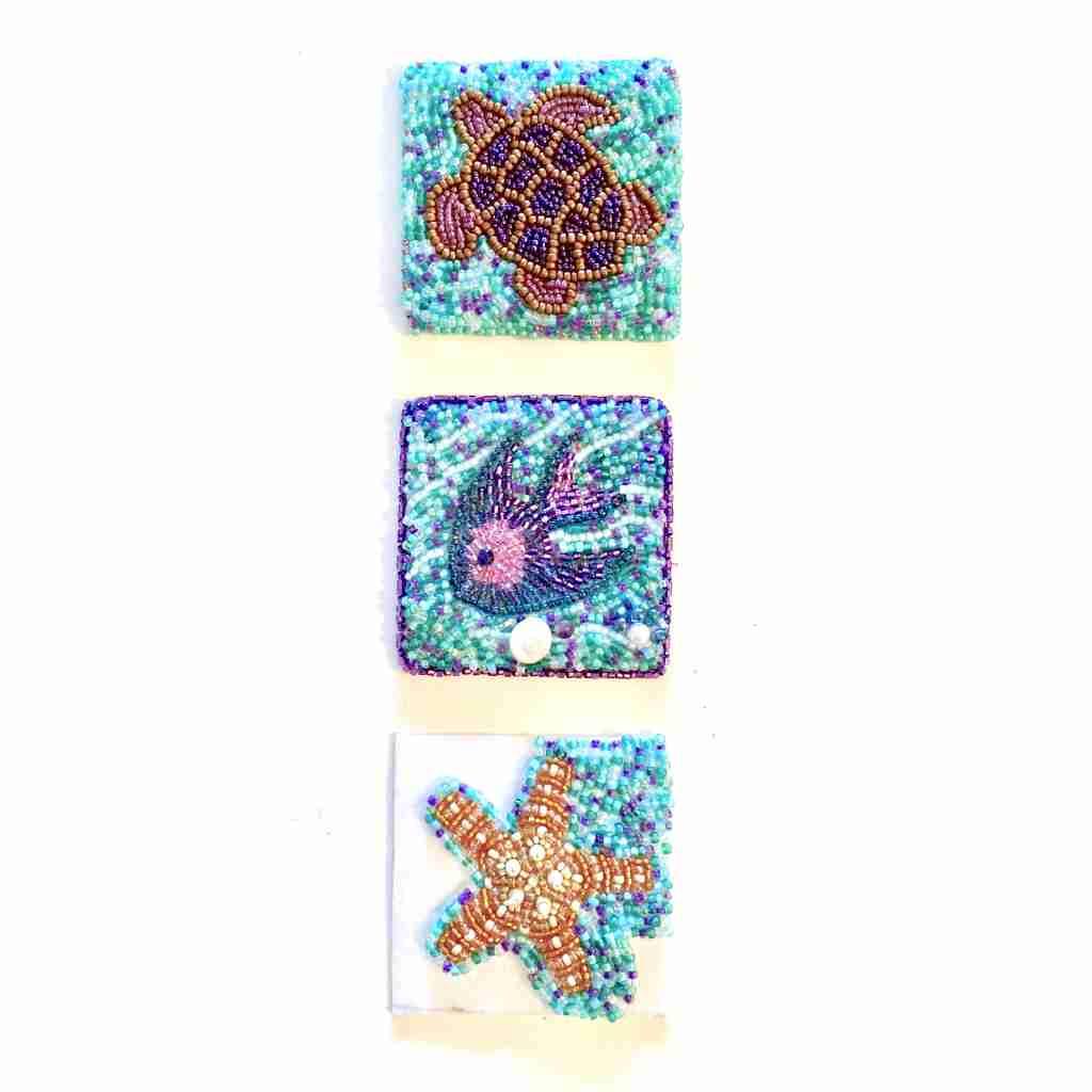 triple panel bead embroidered sea life