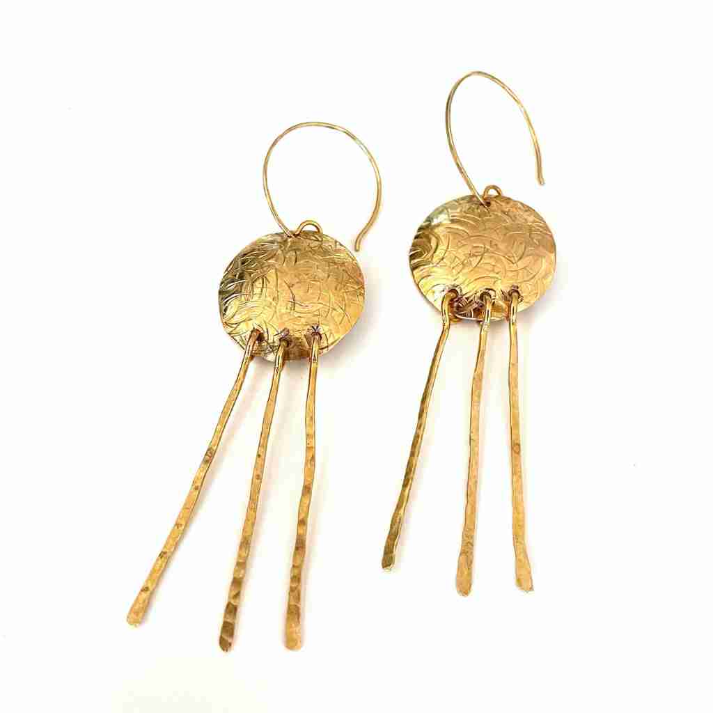 hammered brass disk earrings with 3 spangles