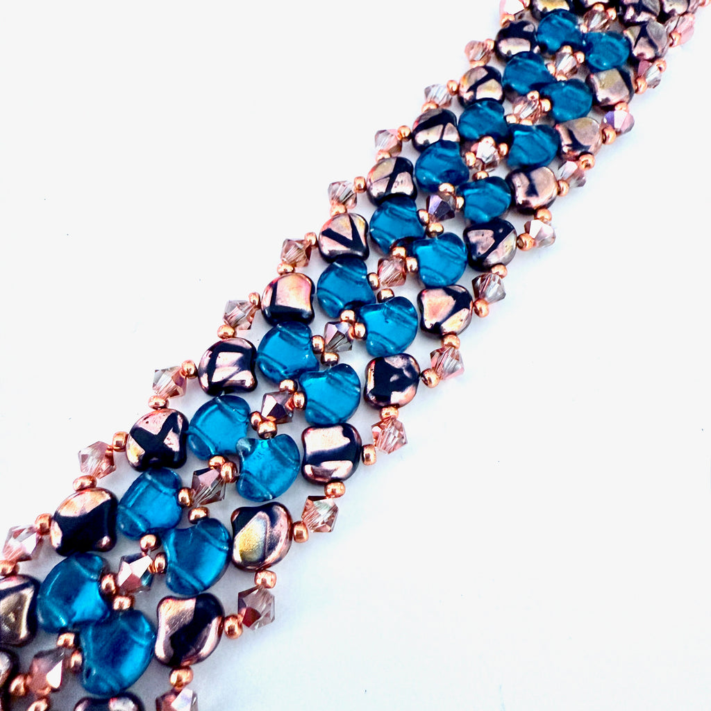 teal and copper stitched bracelet with ginko beads