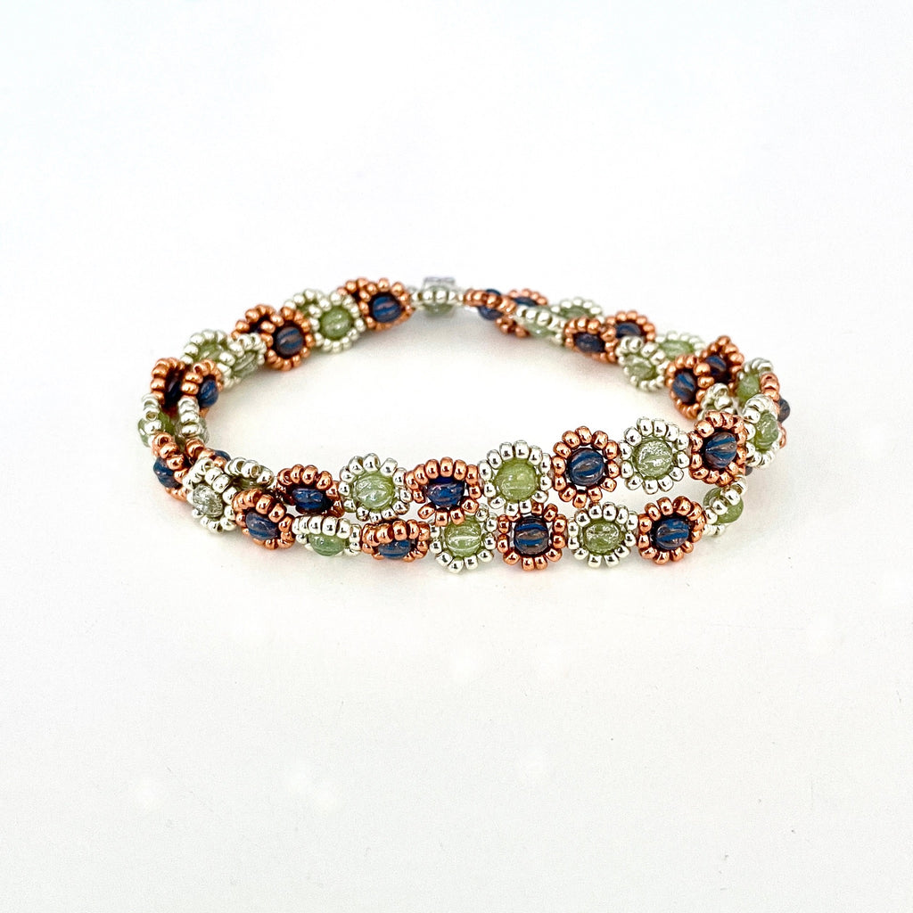4mm colorful round beads surrounde by seed beads in a single, double or triple bracelet. 