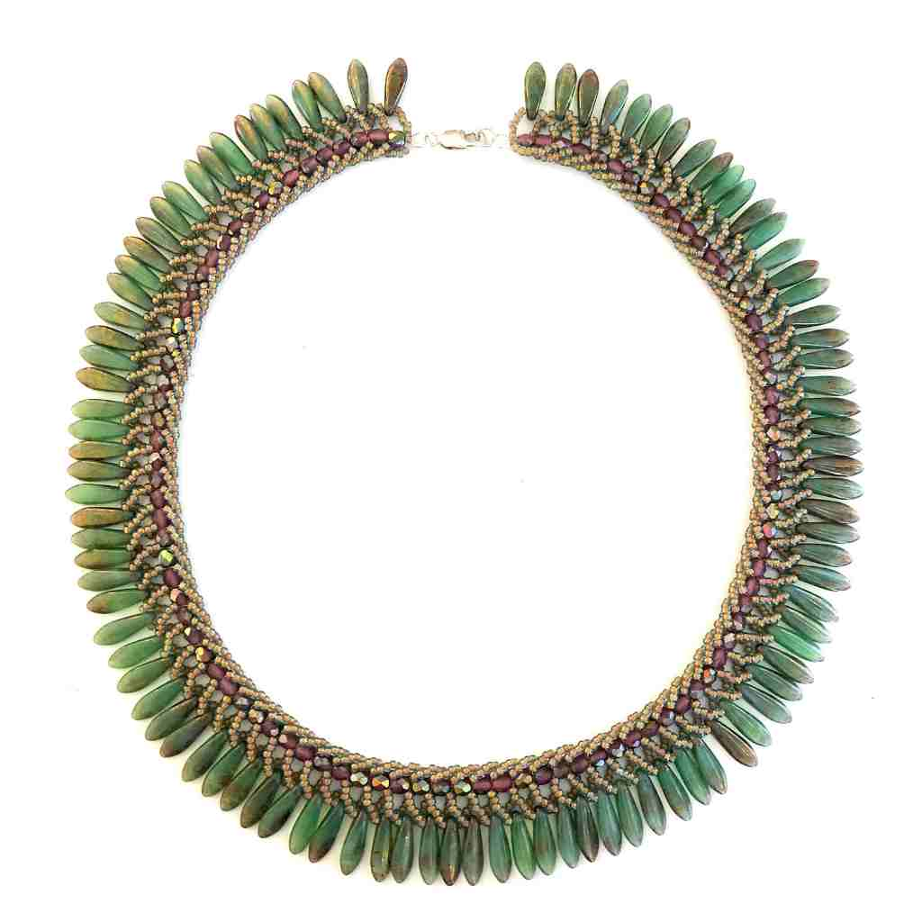 Egyptian style collar beaded necklace in aged jade colored dagger beads