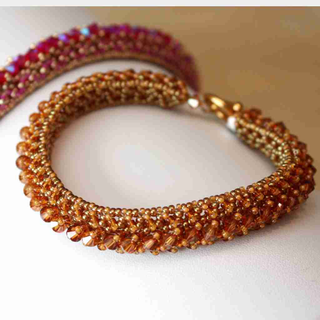 woven crystal and seed bead bracelet using the right angle weave stitch in Topaz colors