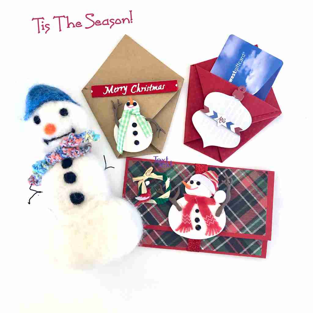 handmade gift card holders and fuzzy snowman ornament