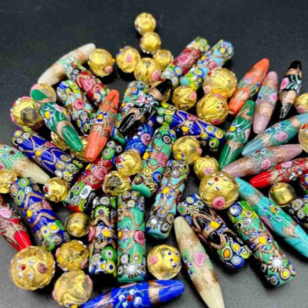 colorful venetian glass beads with gold foil and millifiore