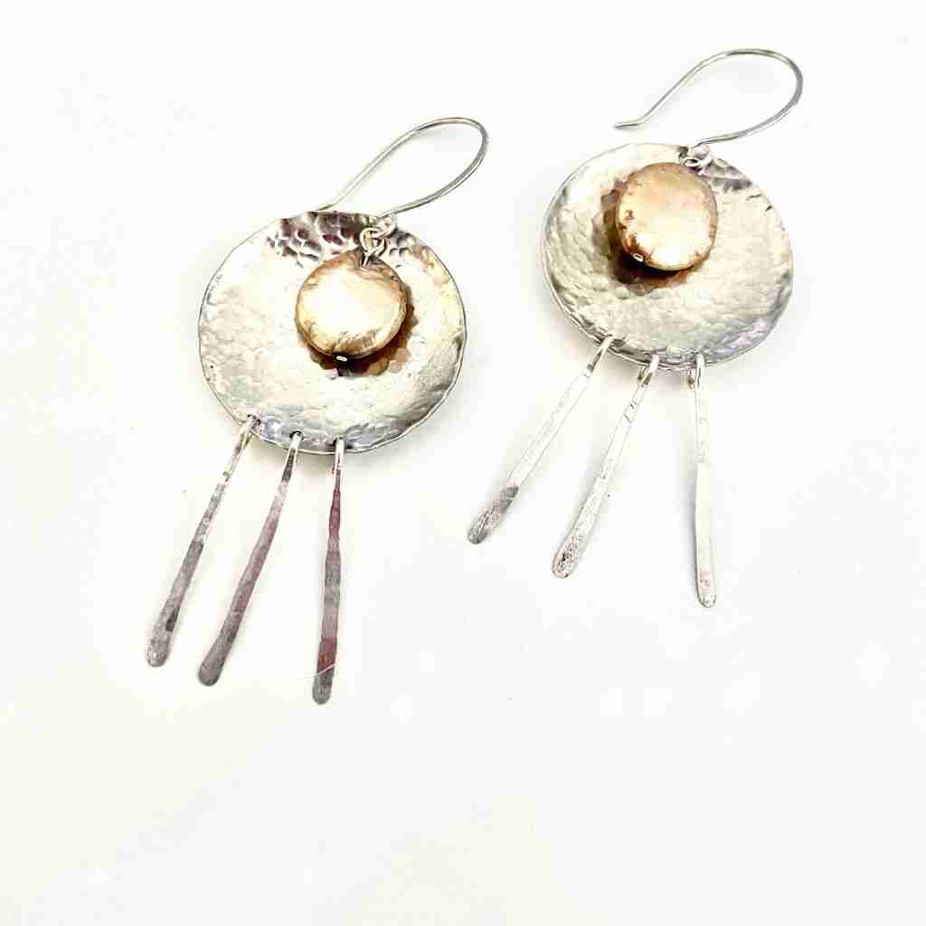 hammered silver disk earrings with pearls and spangles