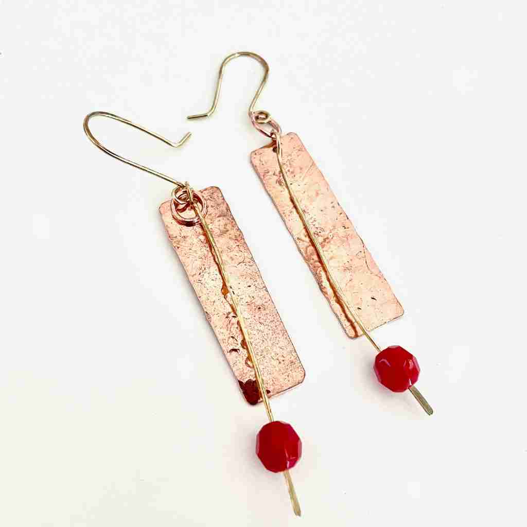 hammered copper rectangle shaped earrings with beads