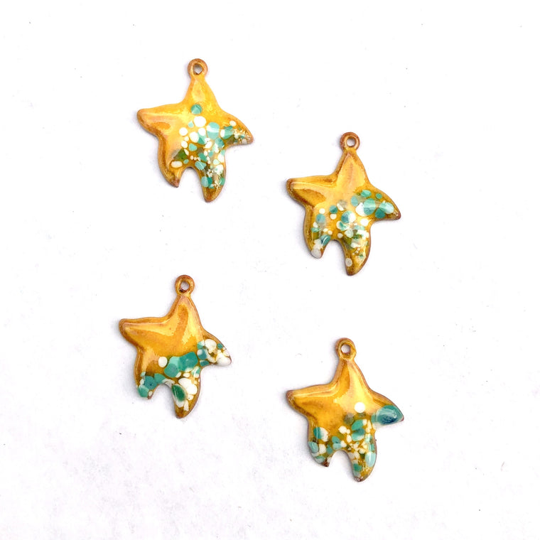 Small Starfish Torch Fired Enamel Charm - Yellow with Turquoise Speckles