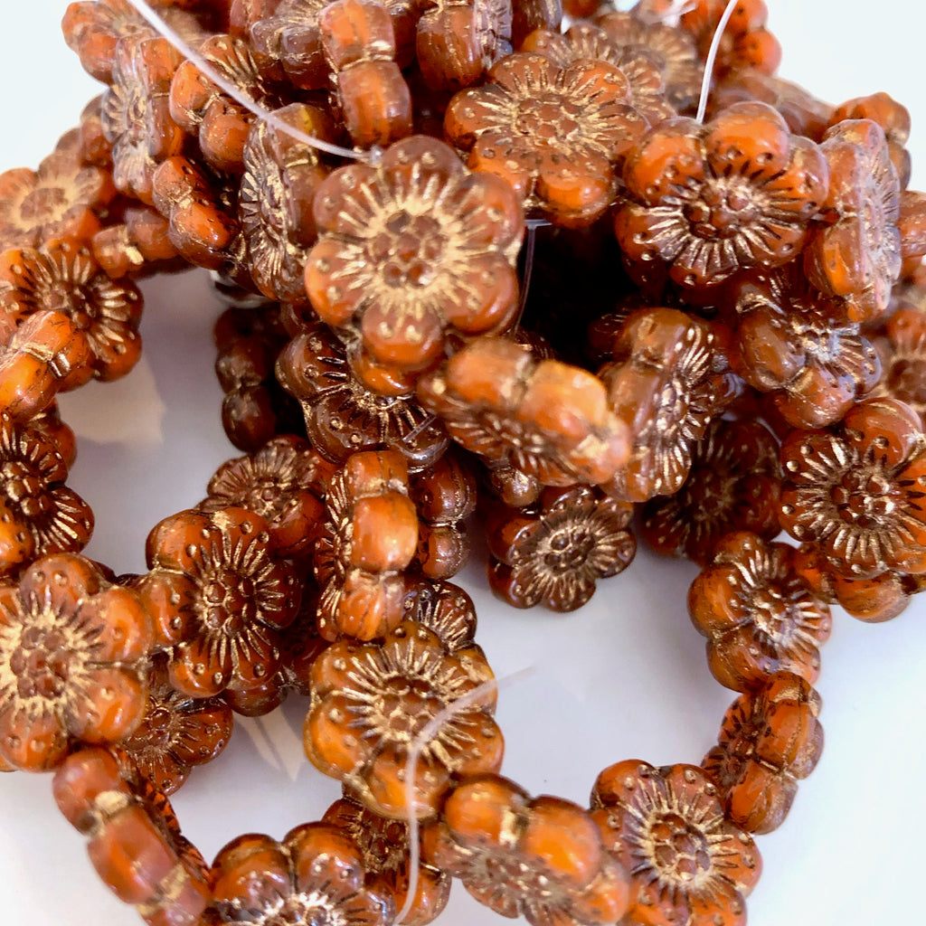 Wild Rose Czech glass beads - Orange with Gold Wash