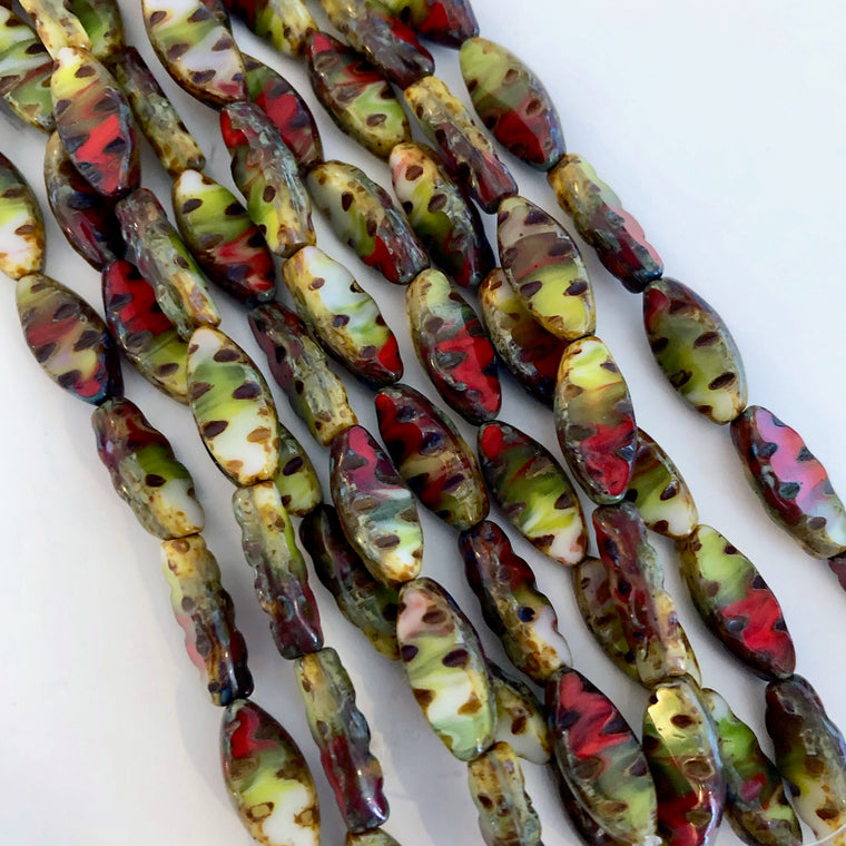 Pointed Oval Czech glass beads - River Red & Green