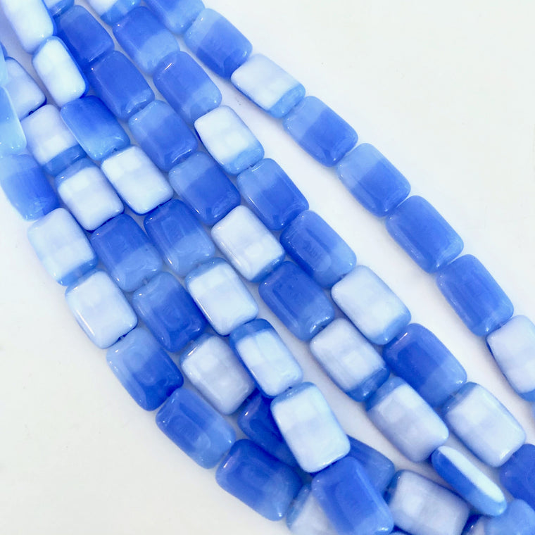 Puffy Rectangle 2-Toned Blue and White Czech Glass Beads