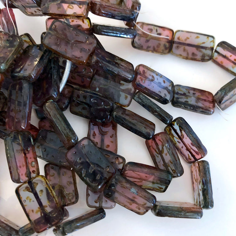 Grooved Rectangle Czech glass beads - Transparent Cranberry & Grey