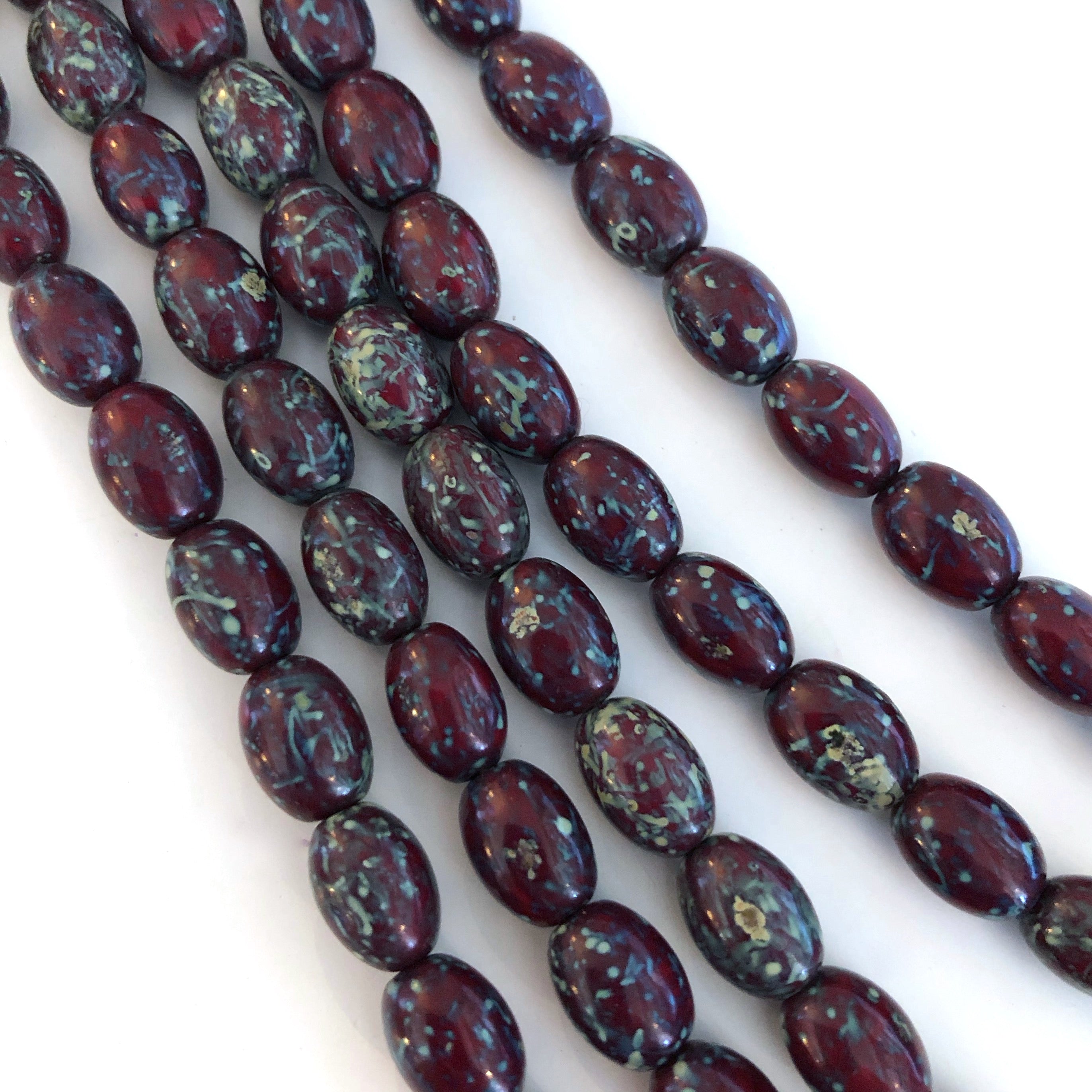 Barrel Oval Czech glass beads - Red Picasso - Island Cove Beads & Gallery