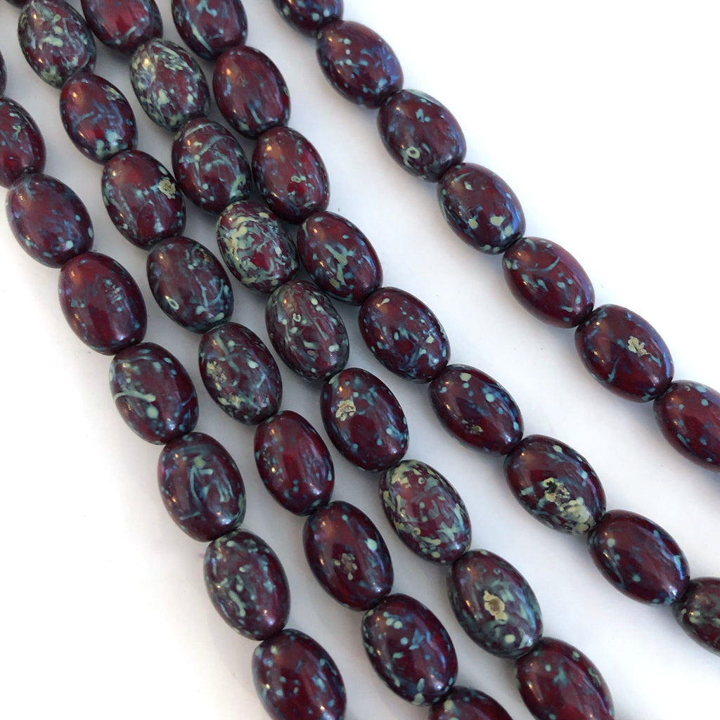 Barrel Oval Czech glass beads - Red Picasso