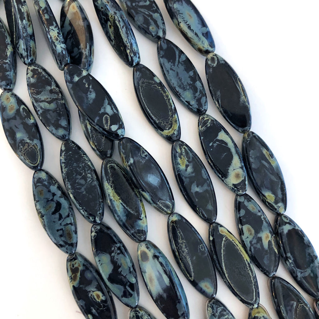 Pointed Oval Czech glass beads - Jet Picasso