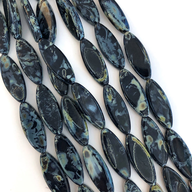 Pointed Oval Czech glass beads - Jet Picasso