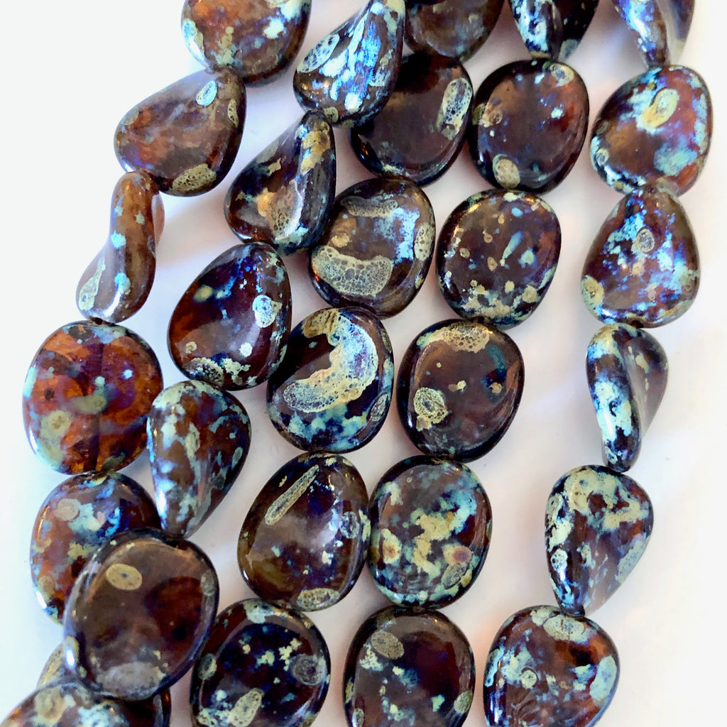 Wavy Oval Czech glass beads - Transparent Brown Picasso