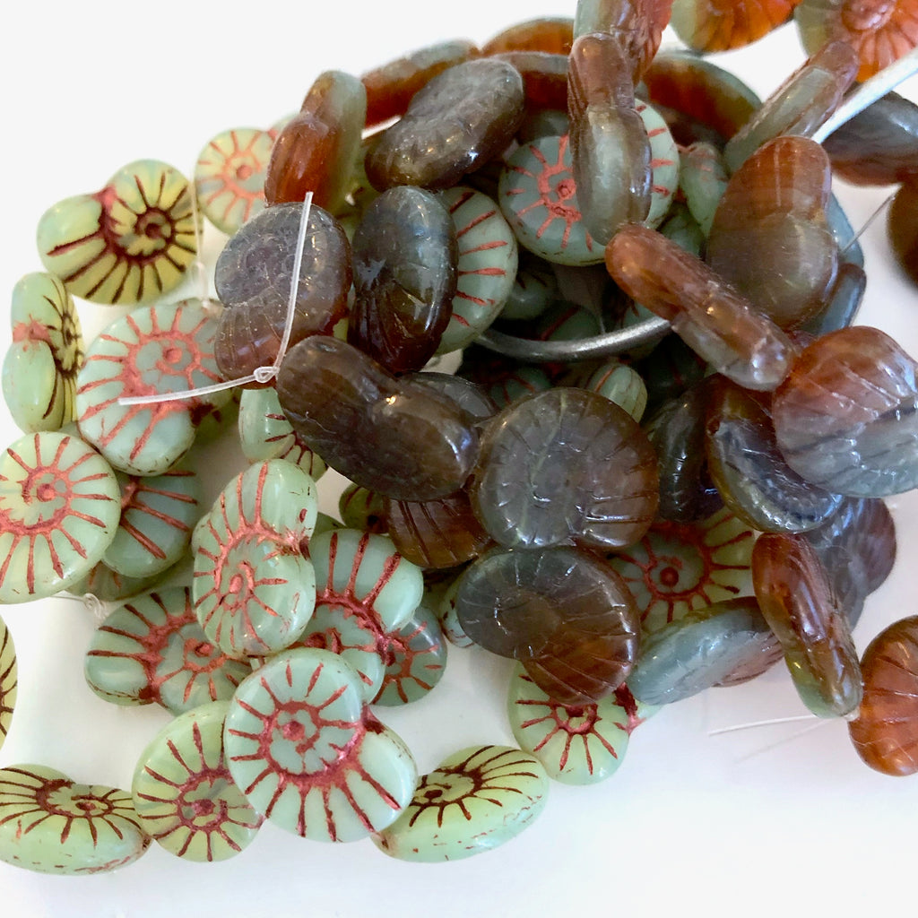 Nautilus Shell Czech glass beads - Milky Sage with Copper Wash