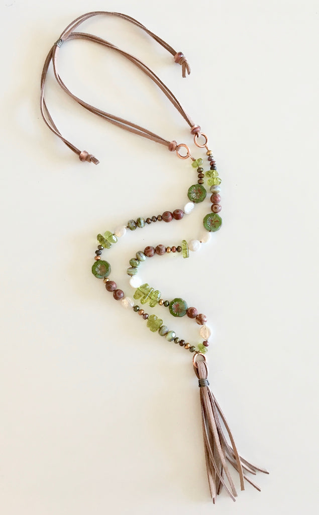 suede hibiscus necklace green