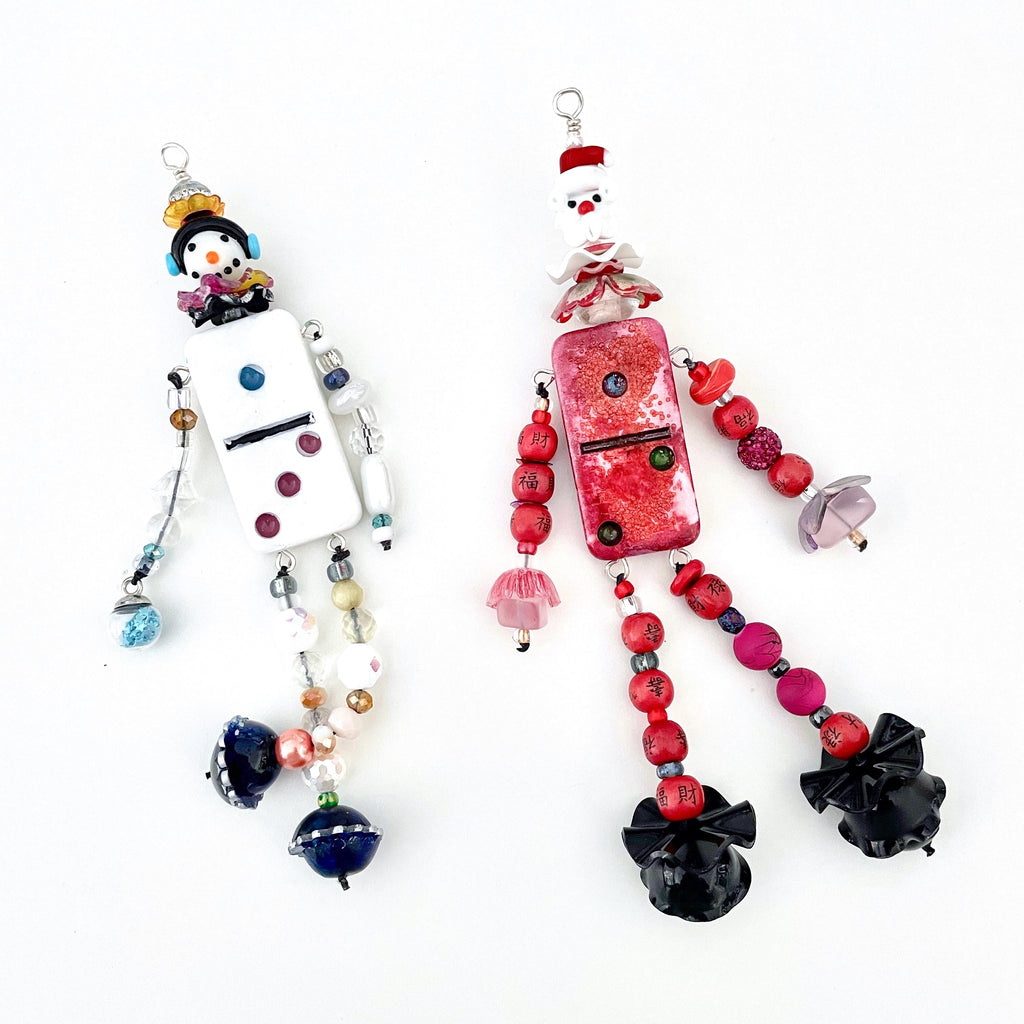 Snowman and Santa Claus Domino Doll with beads and shrinket arms and legs