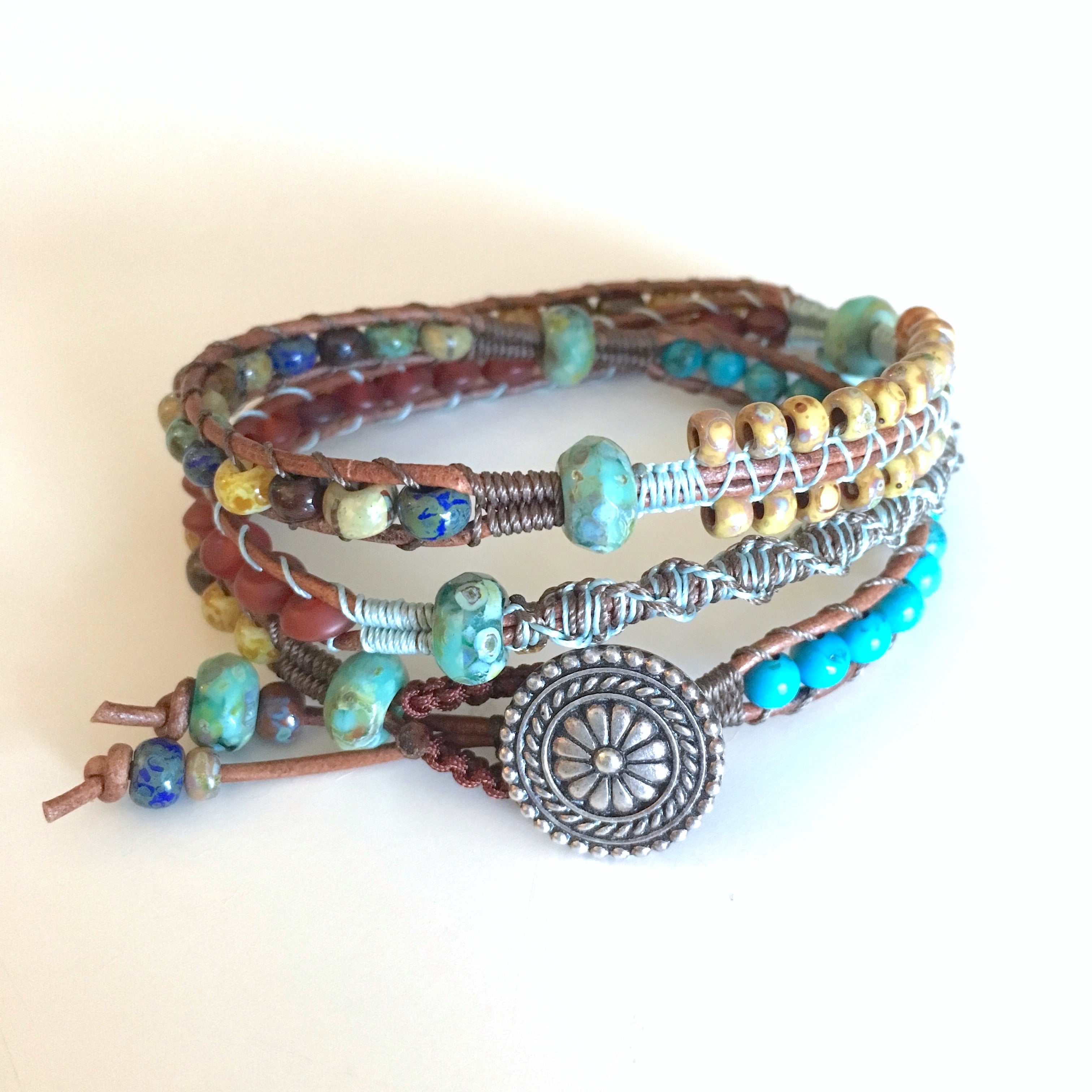 leather wrap bracelet kit, african turquoise beads, brown leather