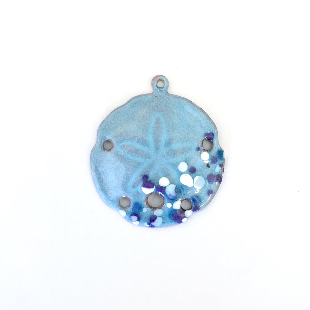 Large Sand Dollar Torch Fired Enamel Pendant - Turquoise with Blue and Purple Speckles