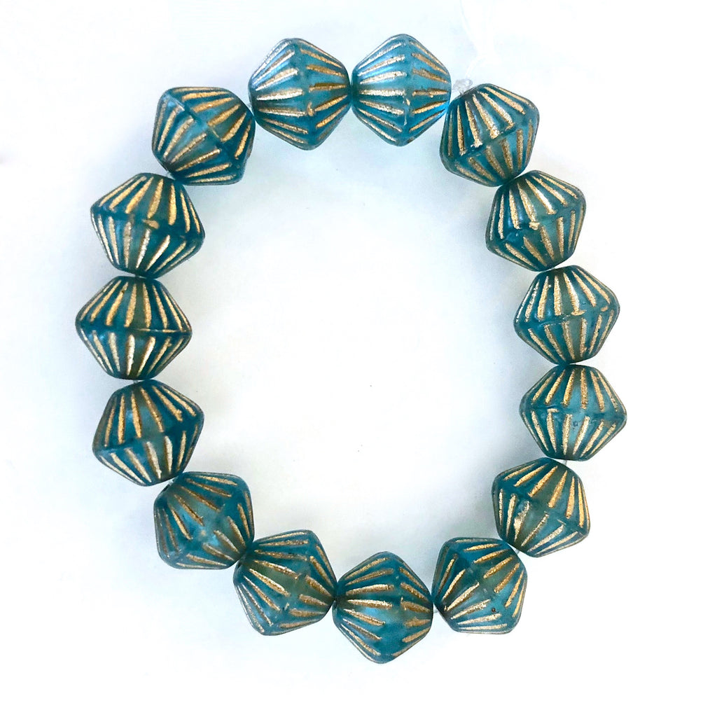 Grooved Bi-cone Czech glass beads - Matte Aqua with Gold Wash