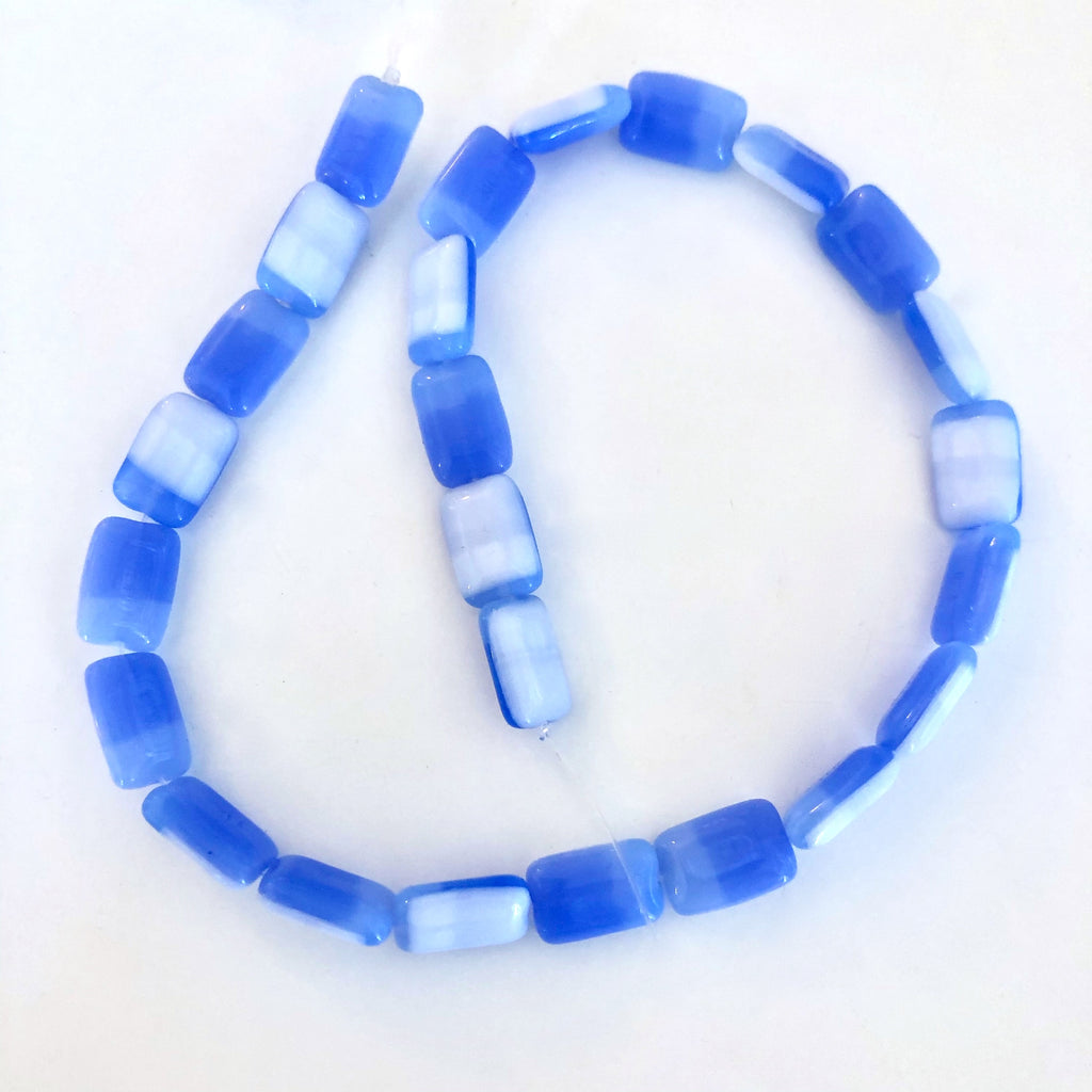 Puffy Rectangle 2-Toned Blue and White Czech Glass Beads