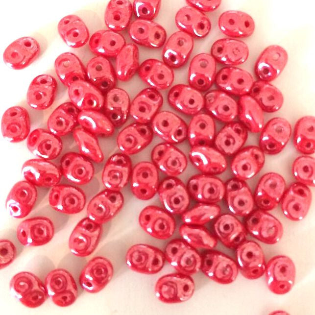 SuperDuo beads - Coral Red White Luster