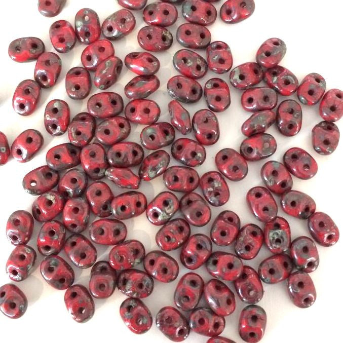SuperDuo beads - Opaque Red Picasso